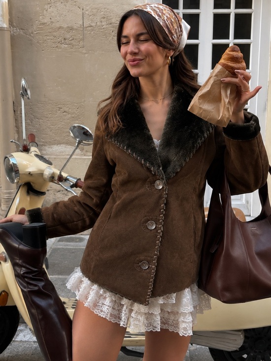 Oscar de la Renta Jackets & Blazers - Oscar de la Renta Faux Suede Shearling Trim Coat Jacket Brown M
